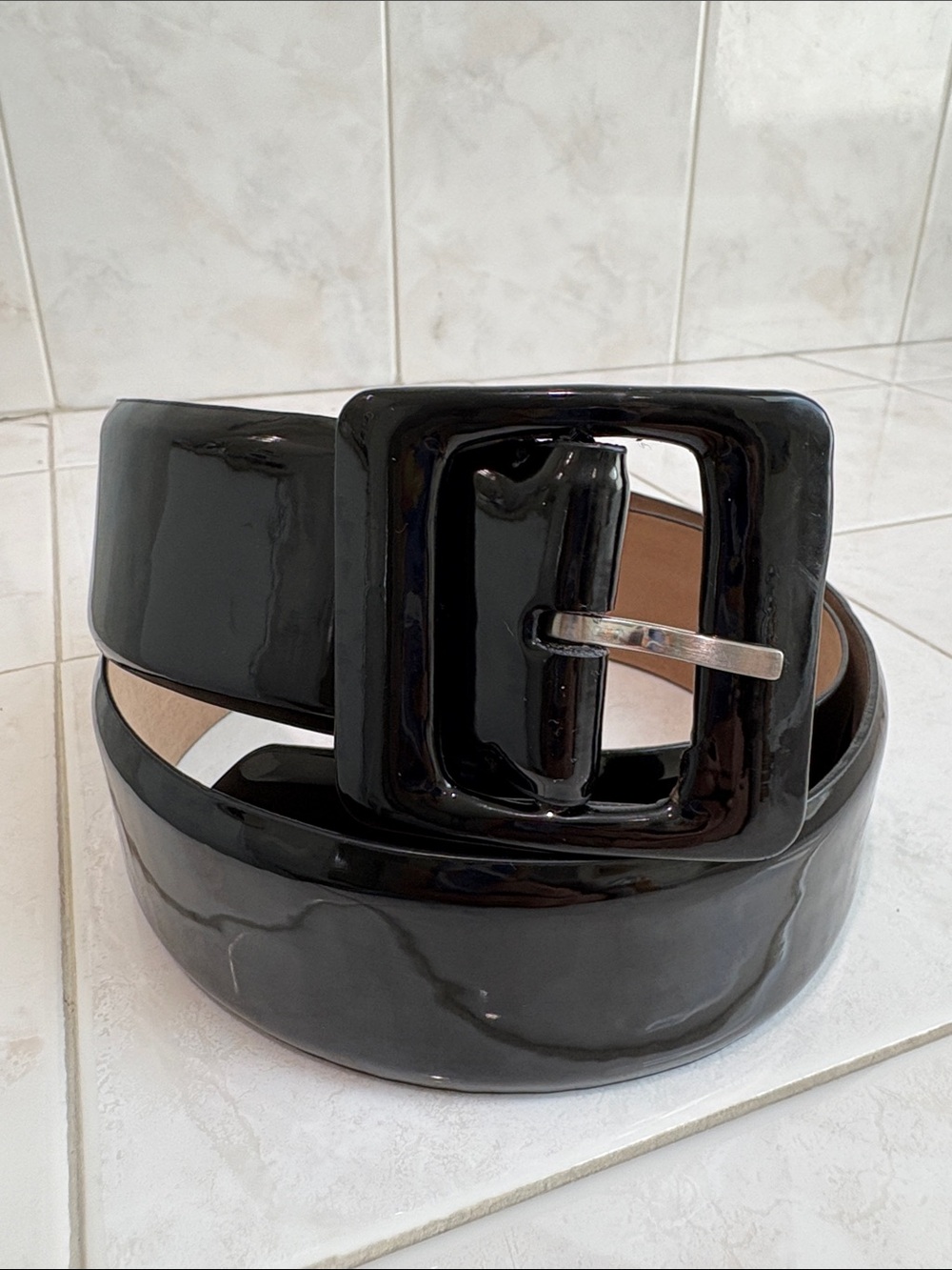 Ann Taylor Wide Patent Leather Belt with Oversized Square Buckle - Black